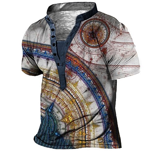 

Men's Henley Shirt Tee T shirt Tee 3D Print Graphic Patterned Compass Plus Size Stand Collar Daily Sports Button-Down Print Short Sleeve Tops Designer Basic Casual Big and Tall Gray / Summer