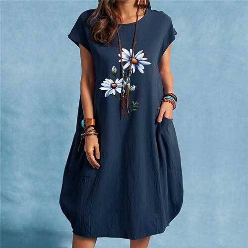 

Women's Cotton Linen Dress Shift Dress Midi Dress Linen Cotton Blend Casual Outdoor Daily Vacation Crew Neck Pocket Rolled Cuff Short Sleeve Summer Spring 2023 Loose Fit Black White Navy Blue Floral