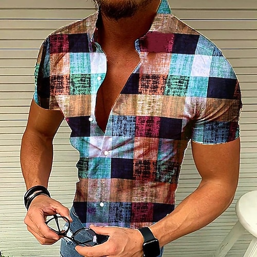  Men's Lattice Shirt Button Up Shirt Short Sleeve Fashion Designer Casual Outdoor Holiday Summer Spring Turndown Patchwork Print Button-Down Yellow Red Blue Purple Green