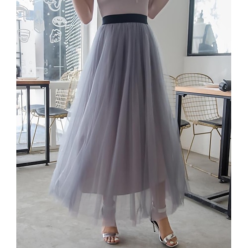 

Women's Skirt Swing Maxi Organza Pink Khaki Light gray Dark Gray Skirts Summer Pleated Layered Fashion Long Summer Vacation Casual Daily S M L / Loose Fit
