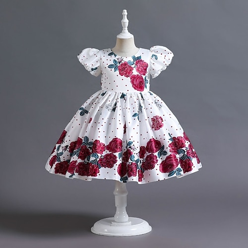 

Kids Little Girls' Dress Flower A Line Dress Party Birthday Drawstring Print Pink Wine Royal Blue Midi Short Sleeve Elegant Princess Dresses Spring Summer Regular Fit 3-10 Years