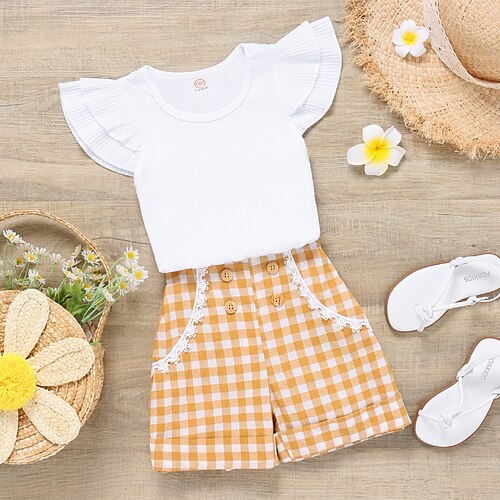 

2 Pieces Kids Girls' T-shirt & Shorts Clothing Set Outfit Plaid Short Sleeve Layered Cotton Set Outdoor Cute Sweet Spring Summer 2-6 Years Yellow