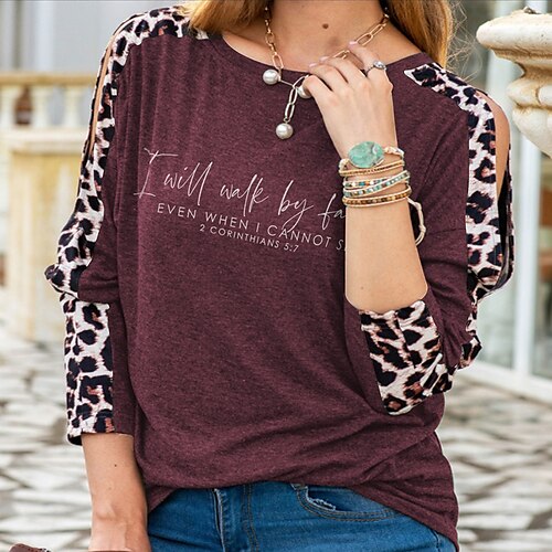 

Women's T shirt Tee Green Blue Purple Leopard Text Cut Out Print Long Sleeve Casual Weekend Basic Round Neck Regular Painting S