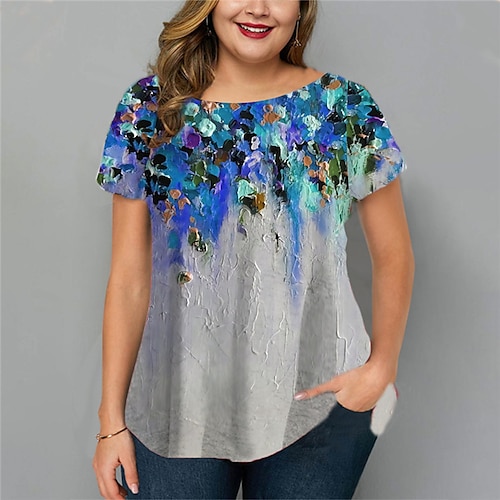 

Women's Plus Size Tops T shirt Tee Floral Print Short Sleeve Crewneck Streetwear Daily Going out Cotton Spandex Jersey Spring Summer Blue Yellow