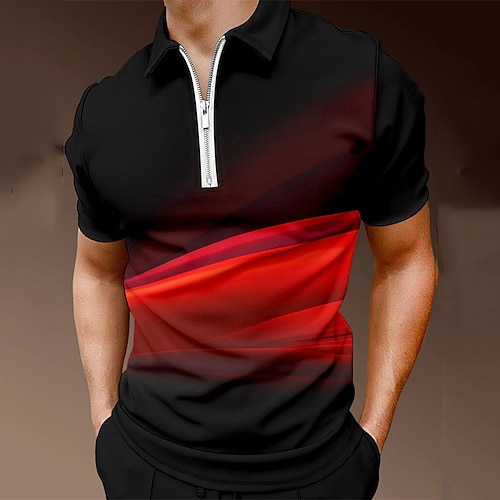 

Men's Collar Polo Shirt Golf Shirt Streamer Turndown Black / Red 3D Print Street Daily Short Sleeve Zipper 3D Clothing Apparel Fashion Casual Comfortable / Beach