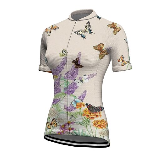 

21Grams Women's Cycling Jersey Short Sleeve Bike Jersey Top with 3 Rear Pockets Mountain Bike MTB Road Bike Cycling Breathable Quick Dry Moisture Wicking Reflective Strips Cream Butterfly Floral