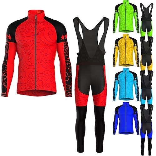 

21Grams Men's Cycling Jersey with Bib Tights Long Sleeve Mountain Bike MTB Road Bike Cycling Green Blue Yellow Graphic Bike Clothing Suit 3D Pad Warm Moisture Wicking Back Pocket Polyester Spandex