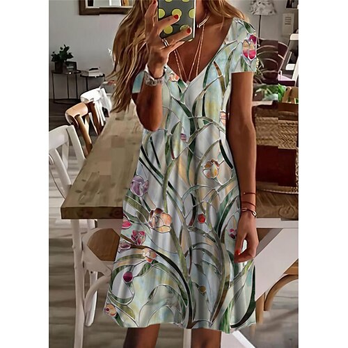 

Women's Casual Dress Shift Dress Green White Short Sleeve Floral Print Spring Summer V Neck 2022 S M L XL XXL 3XL