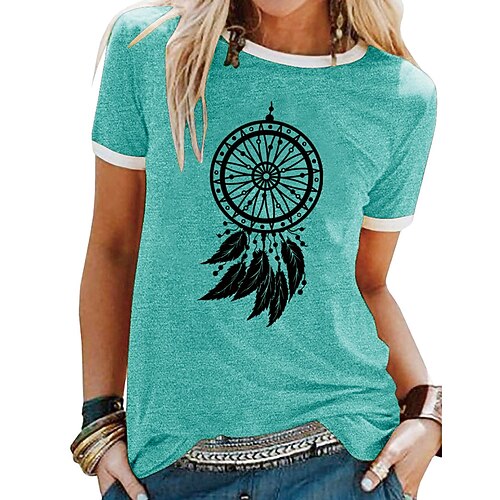 

Women's T shirt Tee Green Blue Purple Graphic Feather Patchwork Print Short Sleeve Daily Weekend Basic Round Neck Regular S