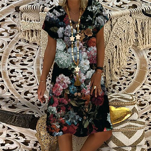 

Women's Shift Dress Short Mini Dress Black Short Sleeve Floral Print Spring Summer V Neck Casual Vacation 2022 S M L XL XXL 3XL