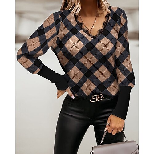 

Women's Sweatshirt Pullover V Neck Plaid Checkered Print Casual Sports Active Streetwear Clothing Apparel Hoodies Sweatshirts Gray Coffee