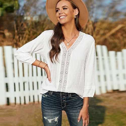 

Mujer Camisa Blusa Blanco Rosa Azul Piscina Plano Ajuste de encaje Manga Larga Diario Fin de semana Ropa de calle Casual Escote en Pico Regular S