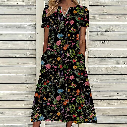 

Women's A Line Dress Midi Dress Black Short Sleeve Floral Pocket Print Spring Summer V Neck Casual Vacation 2022 S M L XL XXL 3XL