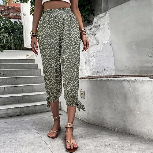 

Women's Chinos Pants Trousers Capri shorts Green Blue Pink Mid Waist Fashion Casual Weekend Print Micro-elastic Calf-Length Comfort Flower / Floral S M L XL XXL
