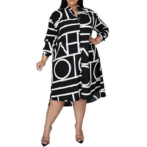 

Women's Plus Size Casual Dress Striped V Neck Long Sleeve Fall Spring Basic Casual Knee Length Dress Daily Date Dress / Cotton / Shirt Dress