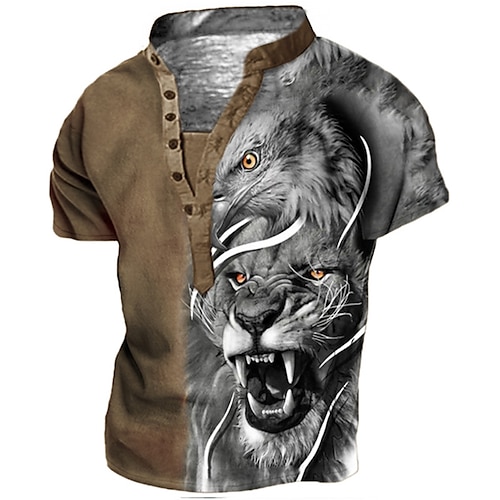 

Men's Henley Shirt Tee T shirt Tee 3D Print Graphic Patterned Color Block Animal Plus Size Stand Collar Daily Sports Button-Down Print Short Sleeve Tops Designer Basic Casual Big and Tall Brown