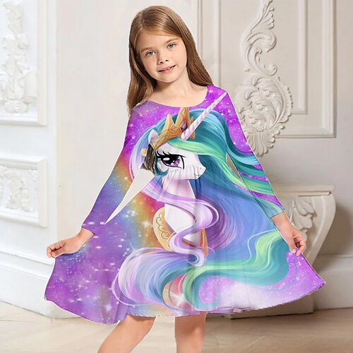 

Kids Little Girls' Dress Unicorn Animal A Line Dress Daily Holiday Vacation Print Purple Above Knee Long Sleeve Casual Cute Sweet Dresses Fall Spring Regular Fit 3-10 Years