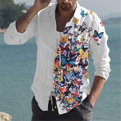 

Men's Shirt Graphic Butterfly Turndown White Outdoor Street Long Sleeve Button-Down Print Clothing Apparel Fashion Business Casual Breathable / Summer / Spring / Summer