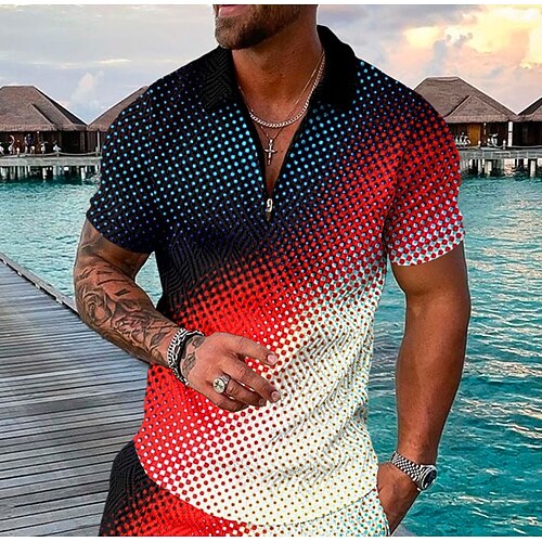 

Men's Collar Polo Shirt Golf Shirt Geometry Turndown Red Beige 3D Print Casual Daily Short Sleeve Zipper Print Clothing Apparel Fashion Designer Casual Breathable / Sports