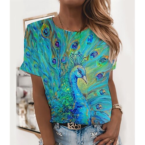 

Women's T shirt Tee Blue Graphic Animal Print Short Sleeve Daily Weekend Basic Round Neck Regular S