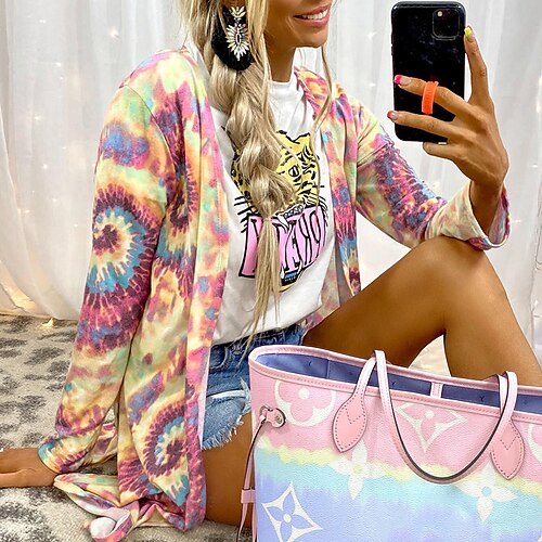 

Women's Shirt Shrugs Rainbow Tie Dye Print Long Sleeve Daily Weekend Streetwear Casual V Neck Long S / 3D Print