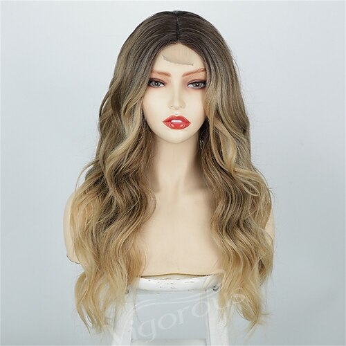 

Ombre Highlight Hair for Women Blonde Brown Long Wavy Lace Wig Middle Part Wig Heat Resistant Synthetic Wigs for Daily Party