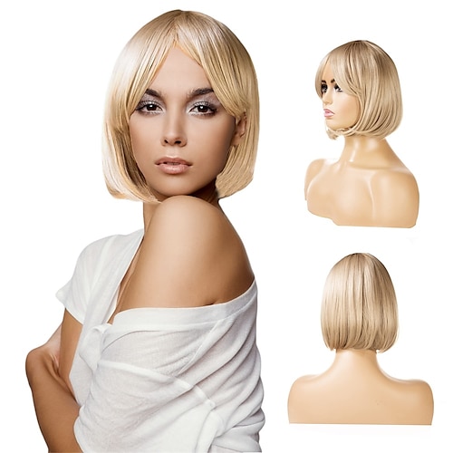 

blonde bob parykk parykker med pannelugg for kvinner korte bob lilla parykker syntetisk varmebestandig naturlig utseende med parykkhette for daglig cosplayfest(