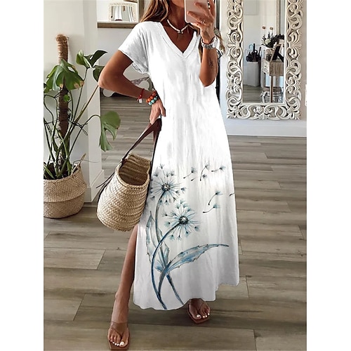 

Mulheres Vestido casual Vestido de turno Branco Manga Curta Floral Fenda Primavera Verão Decote V 2022 S M L XL XXL 3XL