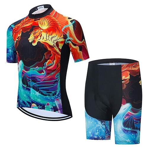 

21Grams Men's Cycling Jersey with Shorts Short Sleeve Mountain Bike MTB Road Bike Cycling Blue Orange Tiger Bike Clothing Suit 3D Pad Breathable Quick Dry Moisture Wicking Back Pocket Polyester