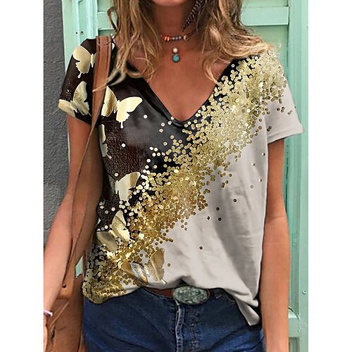 

Women's T shirt Tee Blue Purple Yellow Butterfly Print Short Sleeve Casual Weekend Basic V Neck Regular Butterfly Painting S / 3D Print