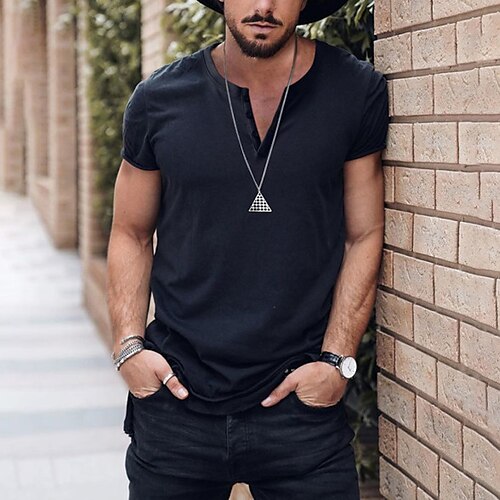 

Men's Shirt Solid Color V Neck Black Outdoor Street Short Sleeve Button-Down Clothing Apparel Fashion Casual Breathable / Summer