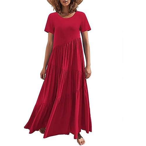 

Women's Shift Dress Maxi long Dress Green White Black Purple Pink Fuchsia Khaki Royal Blue Red Short Sleeve Pure Color Ruched Spring Summer Round Neck Casual Vacation 2022 S M L XL XXL