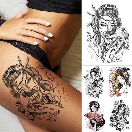 

5PCS Waterproof Temporary Tattoo Sticker Japanese Prajna Resentment Geisha Flash Tattoos Beauty Body Art Arm Fake Tatoo Women Men