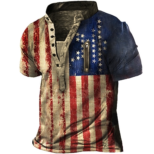 

Men's T shirt Tee Henley Shirt Tee Graphic National Flag Stand Collar Red 3D Print Plus Size Outdoor Daily Button-Down Print Clothing Apparel Basic Designer Casual Big and Tall / Summer / Summer