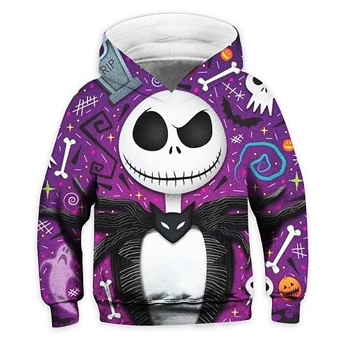 

Kids Unisex Halloween Hoodie Skull Outdoor 3D Print Long Sleeve Pocket Active 3-12 Years Fall Purple