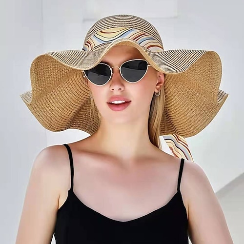 

Simple Lady Foldable Wide Brim Floppy Girls Straw Hat Sun Hat Beach Women Summer with Ribbon Hat Travel Female Thin and Breathable Cap