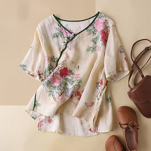 

Women's Plus Size Tops Blouse Shirt Floral Beaded Print Short Sleeve V Neck Basic Vintage Streetwear Daily Vacation Cotton Spring Summer Green Pink