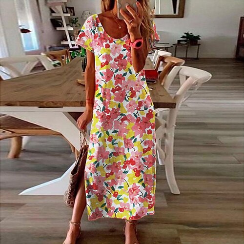 

Women's Shift Dress Maxi long Dress Pink Short Sleeve Floral Split Print Spring Summer V Neck Casual Vacation 2022 S M L XL XXL 3XL