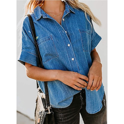 

Women's Shirt Blue Dusty Blue Light Blue Plain Denim Short Sleeve Casual Daily Elegant Casual Shirt Collar Regular Cotton S