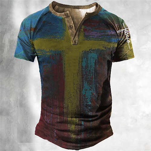 

Men's Henley Shirt Tee T shirt Tee 3D Print Graphic Patterned Cross Plus Size Henley Daily Sports Patchwork Button-Down Short Sleeve Tops Designer Basic Casual Classic Blue / Summer