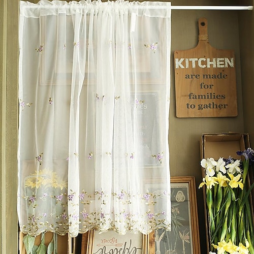 

Kitchen Cabinet Curtain Rod Pocket White sheer Valance Farmhouse Flower Short Cafe Curtain for Bathroom Hotel Cafe Bar Spring Watercolor Flower Floral Print