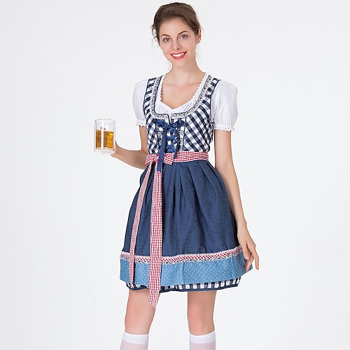 

Oktoberfest Beer International Beer Festival Dirndl Trachtenkleider Women's Top Dress Apron Bavarian Costume Blue White Dark Red