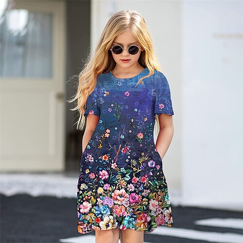 

Kids Little Girls' Dress Floral A Line Dress Daily Holiday Vacation Print Green Black Blue Above Knee Short Sleeve Casual Cute Sweet Dresses Spring Summer Regular Fit 3-12 Years