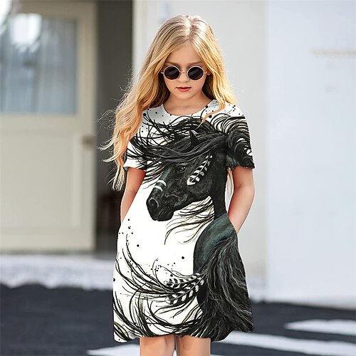 

Kids Girls' Dress Animal A Line Dress Above Knee Dress Daily Print Short Sleeve Cute Dress 3-12 Years Spring Black Blue