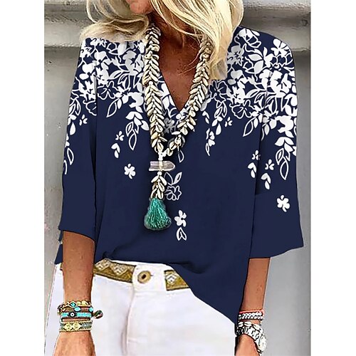 

Women's Flower Casual Daily Holiday Blouse Shirt 3/4 Length Sleeve Patchwork Print V Neck Casual Tops Loose Blue S / 3D Print