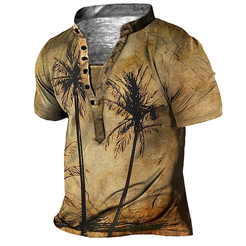 

Men's T shirt Tee Henley Shirt Tee Graphic Coconut Tree Stand Collar Brown 3D Print Plus Size Outdoor Daily Short Sleeve Button-Down Print Clothing Apparel Basic Designer Casual Big and Tall / Summer