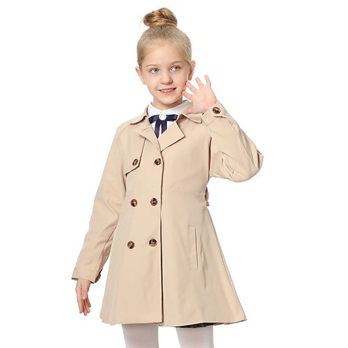 

Kids Girls' Trench Coat Outerwear Plain Long Sleeve Pocket Coat Daily Cotton Active Adorable Khaki Fall Spring 2-12 Years