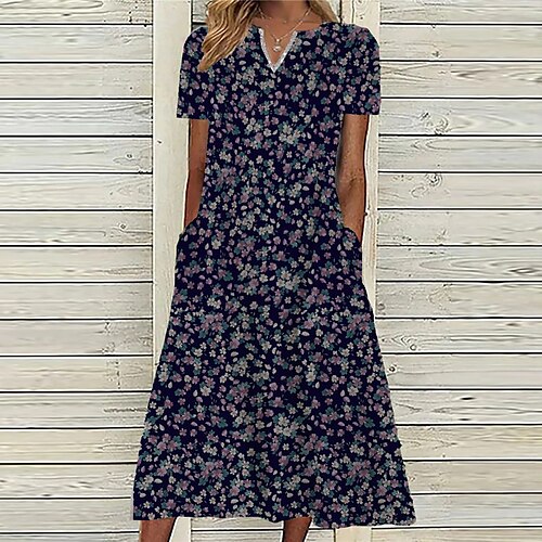 

Women's A Line Dress Midi Dress Blue Black Short Sleeve Floral Pocket Print Spring Summer V Neck Casual Vacation 2022 S M L XL XXL 3XL
