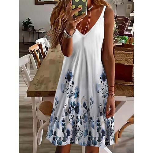 

Damen Casual kleid Etuikleid skims dress Weiß Ärmellos Blumen Bedruckt Frühling Sommer Spaghetti-Träger 2022 S M L XL XXL 3XL