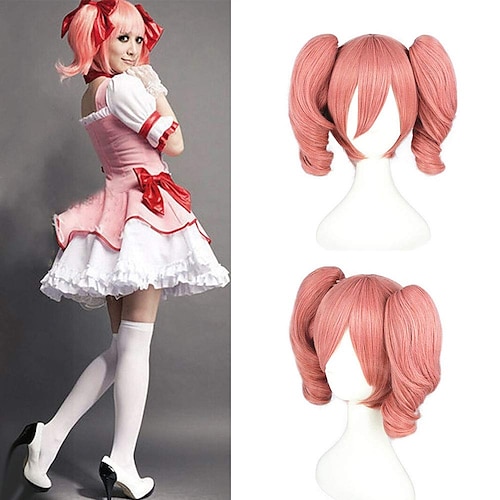 

Lolita Cosplay Wigs Pink Short Synthetic Bob Wigs with Loose Wave Ponytails Puella Magi Madoka Magica Cosplay Wigs Kaname Madoka for Women